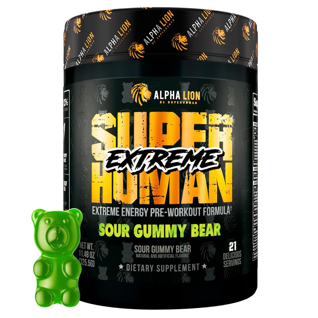 ALPHA LION Superhuman Extreme High Stim Pre Workout Powder, Beta Alanine, L-Taurine & 356mg Tri-Source Caffeina per l'energia sostenibile, Nitric Oxide & Citrulline per pompa (21 Serve, Sour Gummy Bear)
