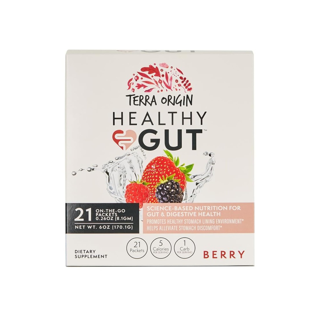 TERRA ORIGIN Pacchetti di bacchette di Gut sani, L-Glutamina, Elm di Slippery, Aloe Vera, Estratto di radice di liquirizia, Salute del Gut, Supporto digestivo, Riparazione del fegato, Funzione immunitaria, On-The-Go, 21 Ct, Berry