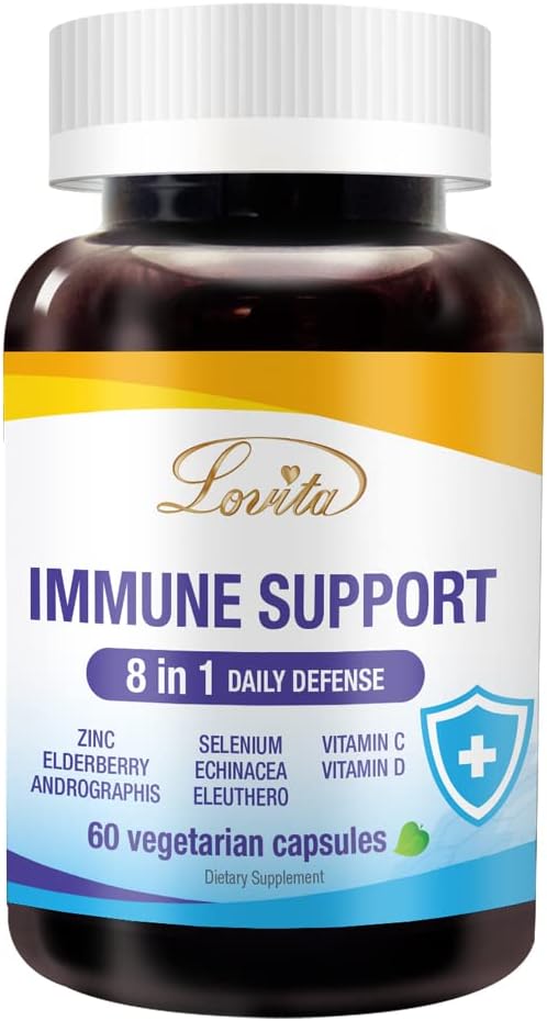 Lovita Immune Support 8 in 1, Elderberry with Zinc and Vitamin C, Vitamina D, Selenium & Echinacea, Andrographis, Siberian Ginseng - Integratore Booster Immune, 60 Capsule Vegetariani