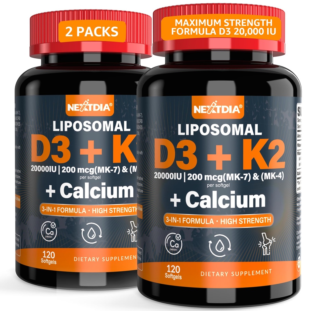 Vitamina D3 20.000 IU + K2 Vitamina (MK4 & MK7) 200mcg + Citrato di calcio, Vitamina ottimale D3 K2 Softgel - Forte Bone & Muscolo, Assorbimento di calcio, Aiutando Deficienze di vitamina D, Facile da ingoiare, 2Pack
