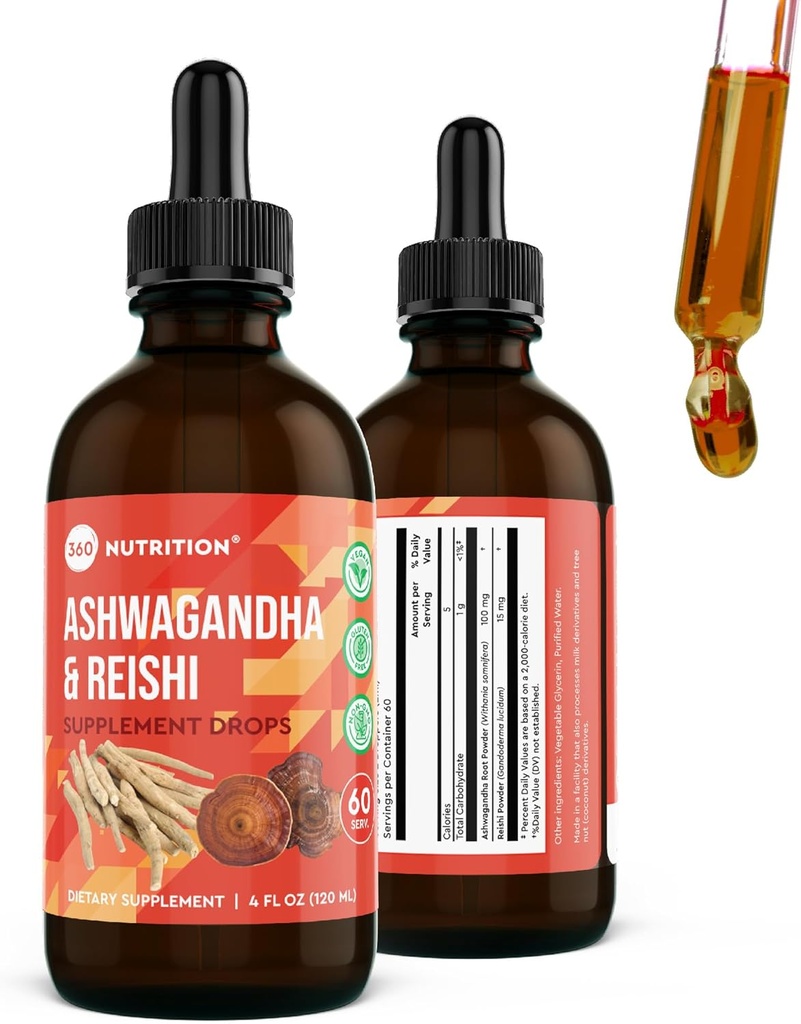 360 Nutrition Ashwagandha & Reishi Root Supplemento Drops for Stress Relief, Stamina & Longevity, and Energy Support - Vegan Non-GMO Adaptogenic - 4 fl oz, 60 Serve