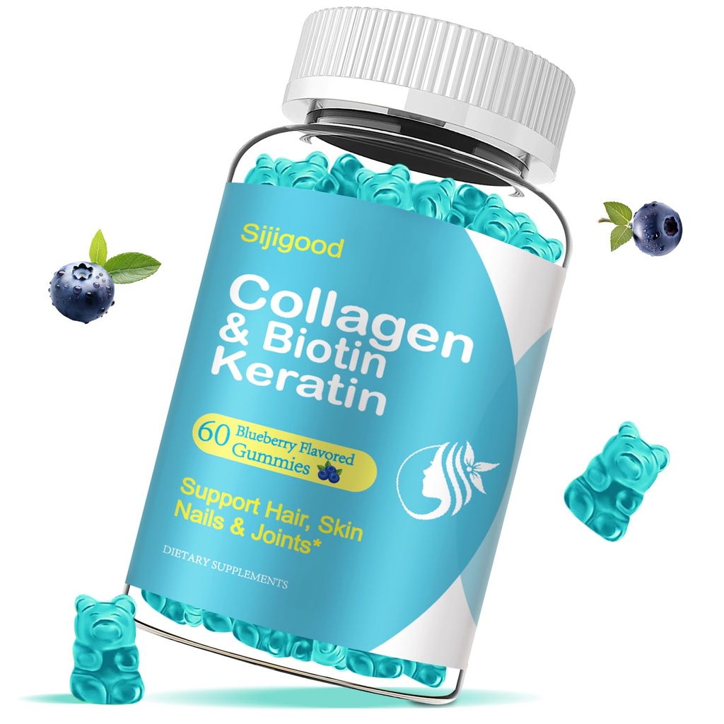 Gummie biotina con collagene, cheratina, acido ialuronico, vitamina per la pelle, crescita dei capelli, unghie, donne uomini adulti bambini - 60 mirtilli Gummie aromatizzate