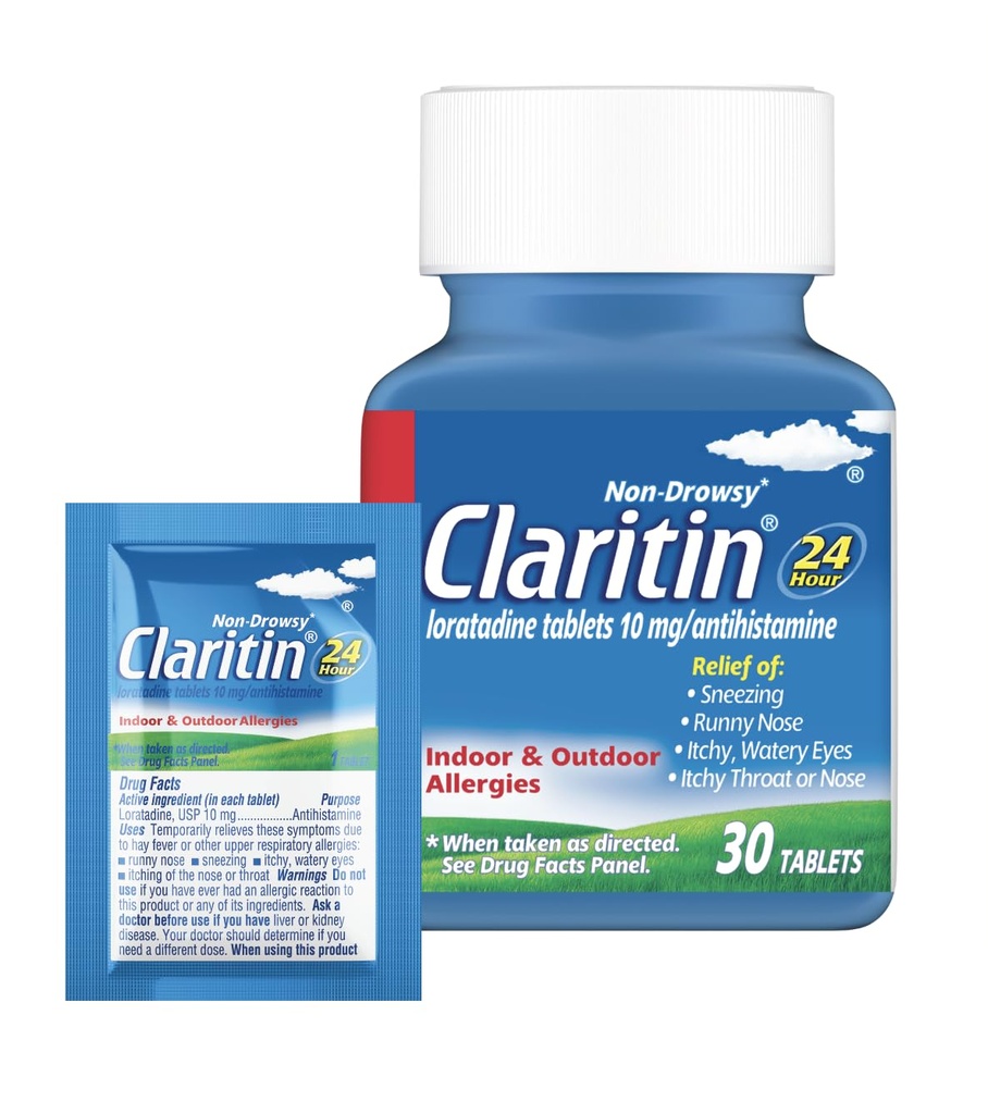 Claritin Allergy Medicine for Adults, 24-Hour Non-Drowsy Loratadine 10mg Pills, Antistamina, 30 compresse + 1ct On-The-Go Relief
