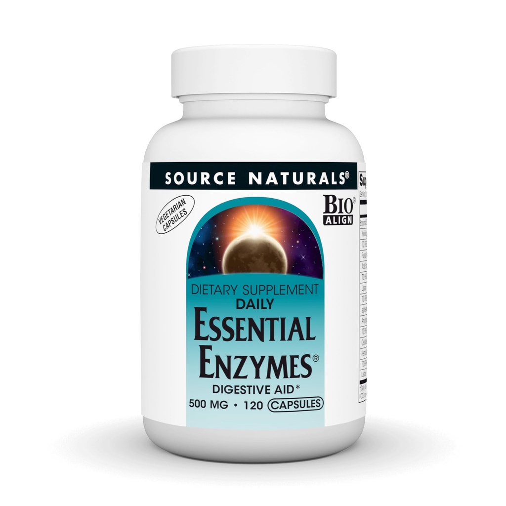 Sorgente Naturals Essential Enzymes 500mg Bio-allineato Supplemento di enzimi multipli Difesa a base di erbe per la digestione, gas, costipazione & Bloating Relief - Supporta il sistema immunitario* - 120 capsule vegetariane