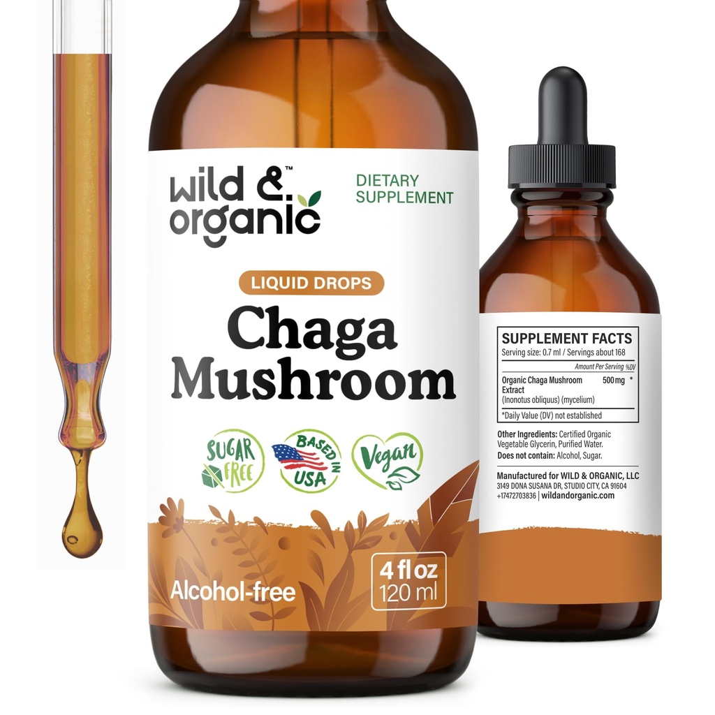 Gocce di funghi di Chaga di Wild & Organic - Supporto immunitario con estratto di Chaga - Supplemento di funghi liquido per l'immunità - Vegan, Tintura senza zucchero e alcol - 4 fl oz
