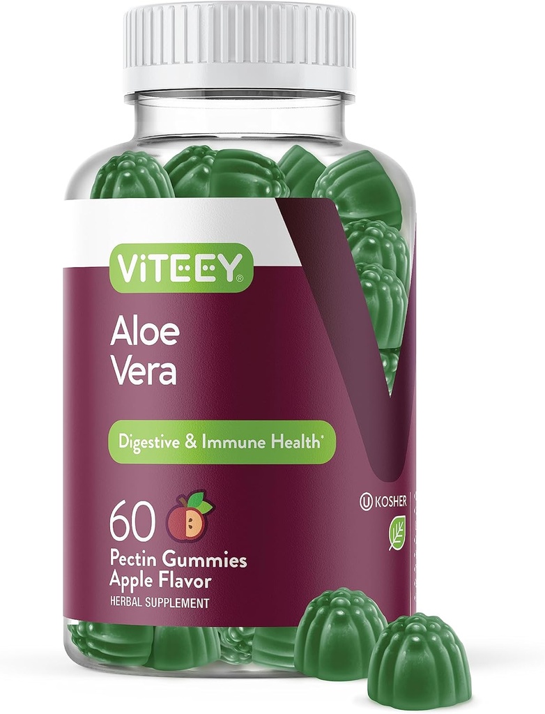 Viteey Aloe Vera Gummies per Adulti - 50mg - Aids in Digestion and Immune Health - Aloe Vera Supplement - Vegan, Gelatin Free, Gluten Free, GMO Free, Tasty Chewable Raspberry Gummies