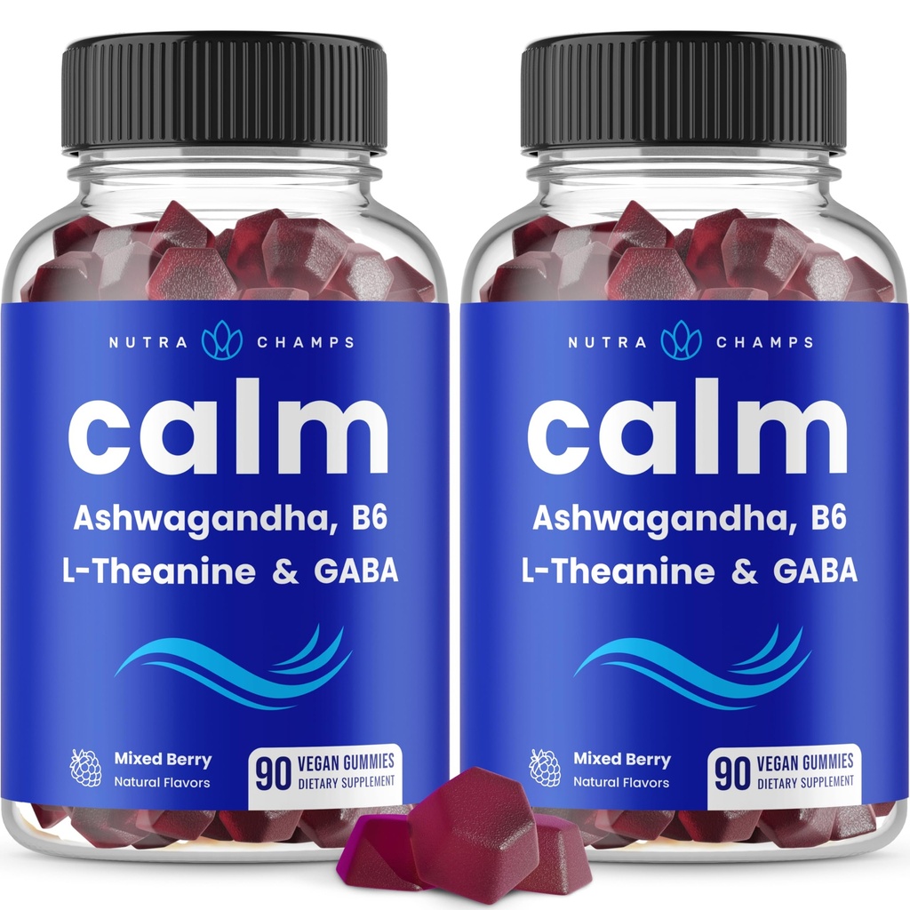 NutraChamps Calm Gummies, Stress Gummies Supplement con Ashwagandha, L-teanina, GABA, Vitamina B6 & Lemon Balm, 90 Gummies (Pack of 2)
