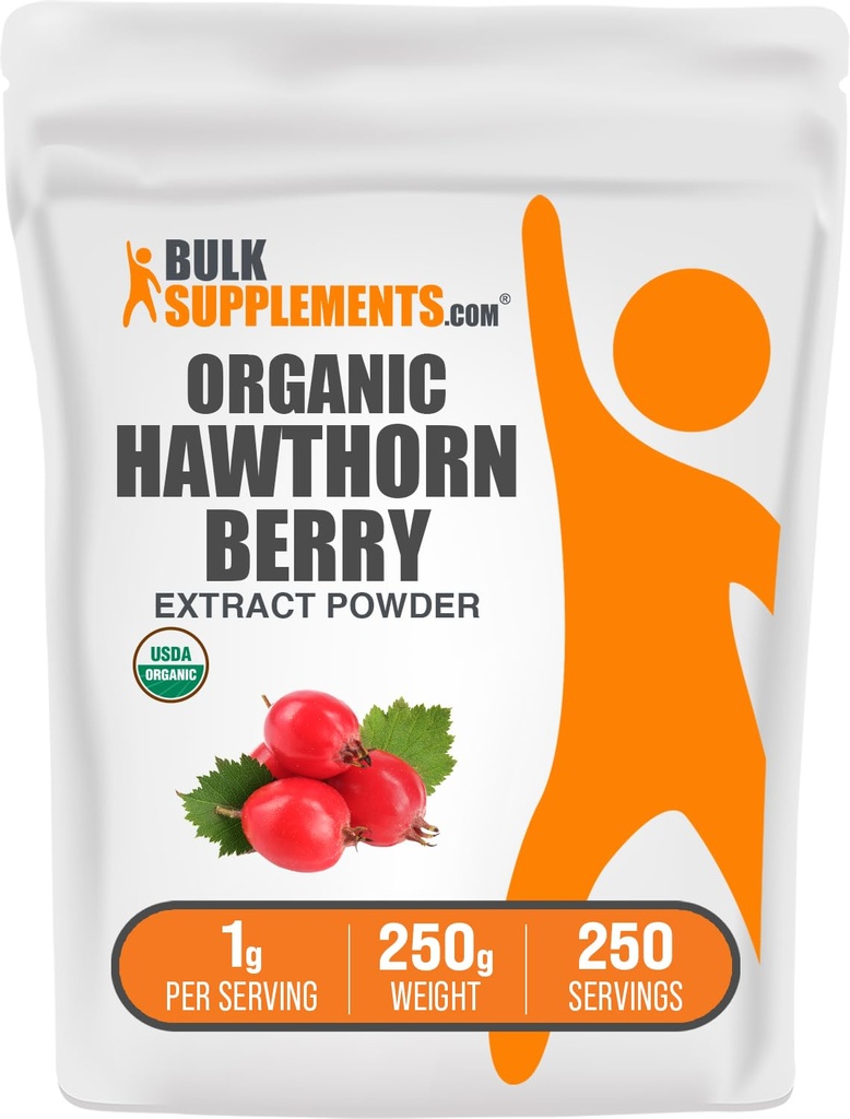 BulkSupplements.com Polvere di estratto di bacche di biancospino organico - Supplemento di bacche di biancospino - Herbal & Gluten Free, 1g per porzione, 250g (8.8 oz) (pacchetto di 1)