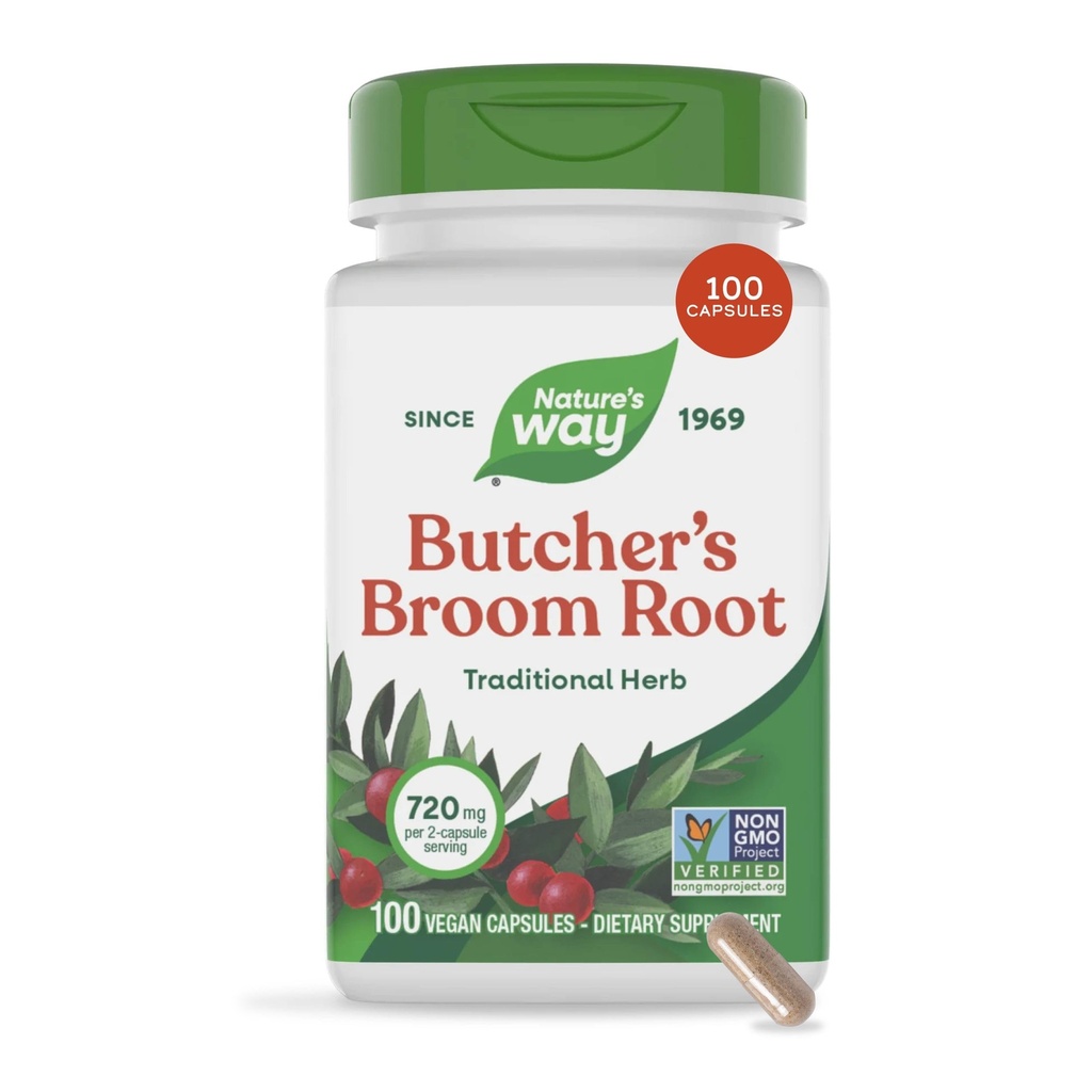 Broom di Macellaio di Via della Natura, Herb Tradizionale, 720 mg per 2-Capsule Serving, Progetto Non OGM verificato, 100 capsule vegane (Packaging May Vary)