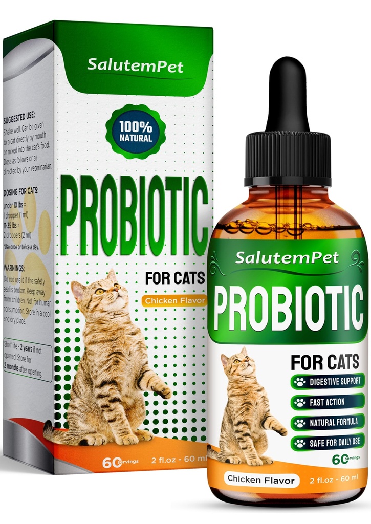 Probiotici per gatti per il supporto digestivo – Probiotici per gatti interni Aiuto con Colic, Upset Stomachs, Diarrea, Gas e Bloating – Prebiotici + Pleasant Chicken Flavor Inside – 2 Oz
