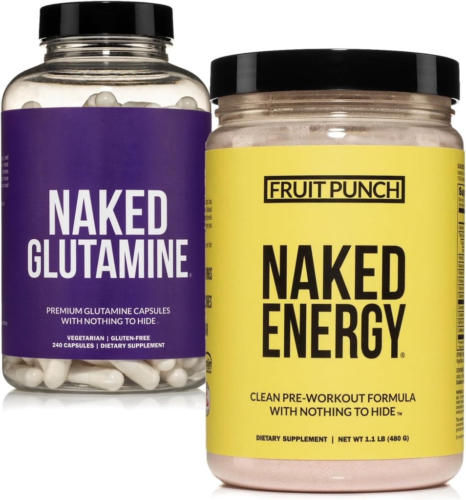 NAKED Vegan Energizing Muscle Recovery Bundle Fruit Punch Energy e 240 L-Glutamine Capsule, 1000mg