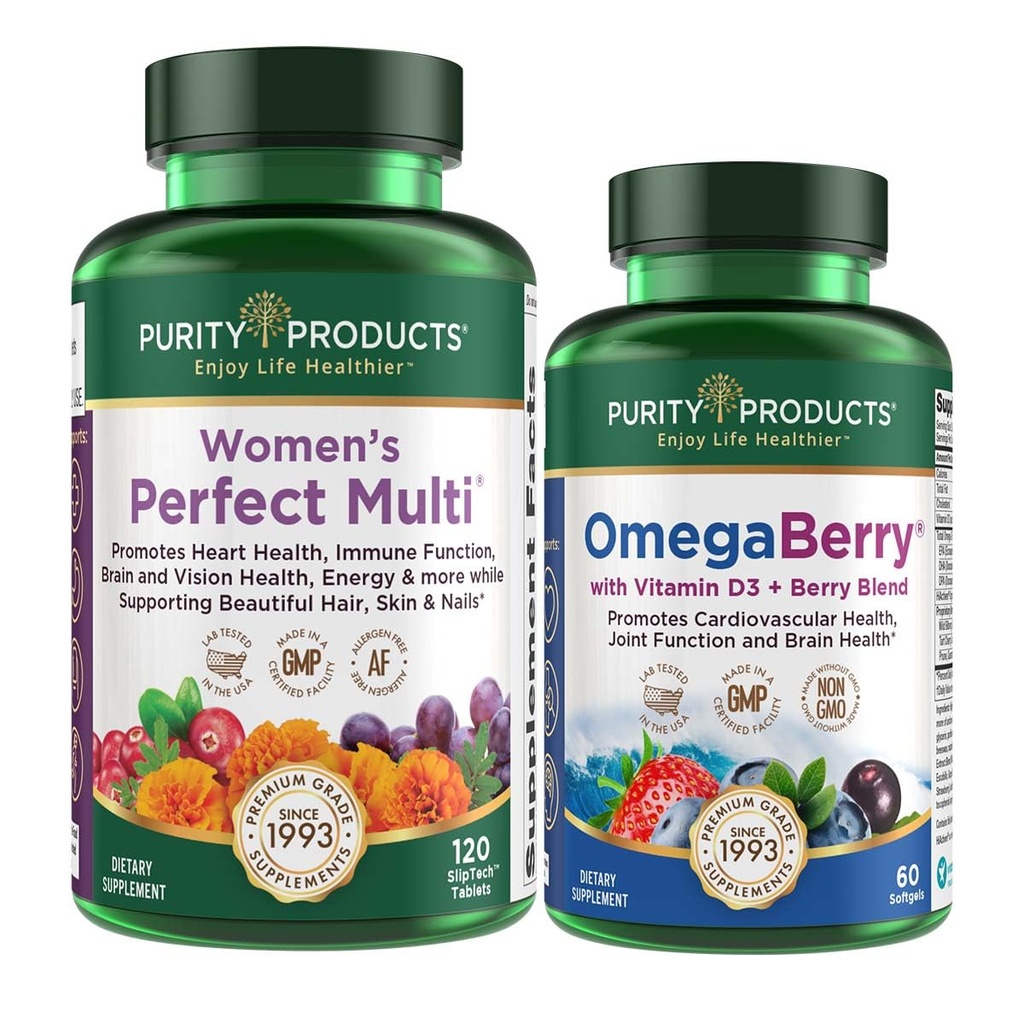 Prodotti di purezza Donne Perfetto Multi + OmegaBerry Fish Oil Women's Multi (Supporti Salute del tratto urinario, Immune, Bone, Capelli, Pelle, Chiodi + Altro) - OmegaBerry (1250mg Omega-3, Vitamina D3 + Più)