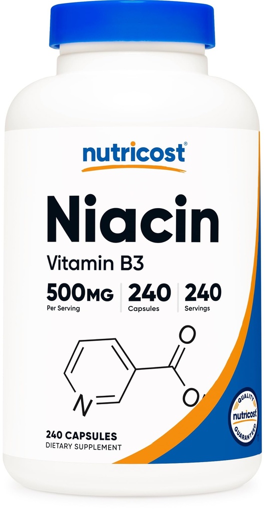 Niacin Nutricost (Vitamina B3) 500mg, 240 Capsule - con Flushing, Non-GMO, Gluten Free