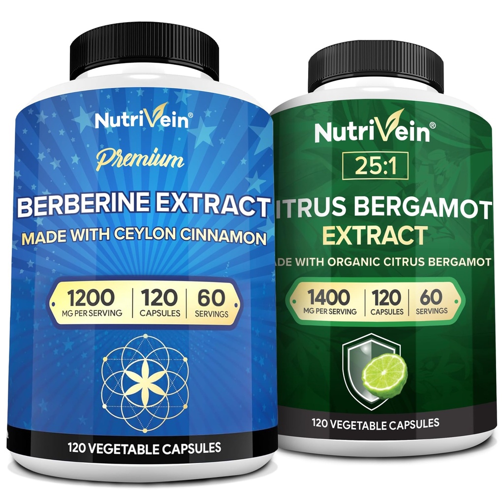 Nutrivein Premium Berberina 1200mg & Citrus Bergamot Extract 1400mg Bundle - Ceylon Cinnamon & 25:1 Bergamia Extract - Weight Management & Immune Support Plus Heart Health - 120 Capsule Ogni