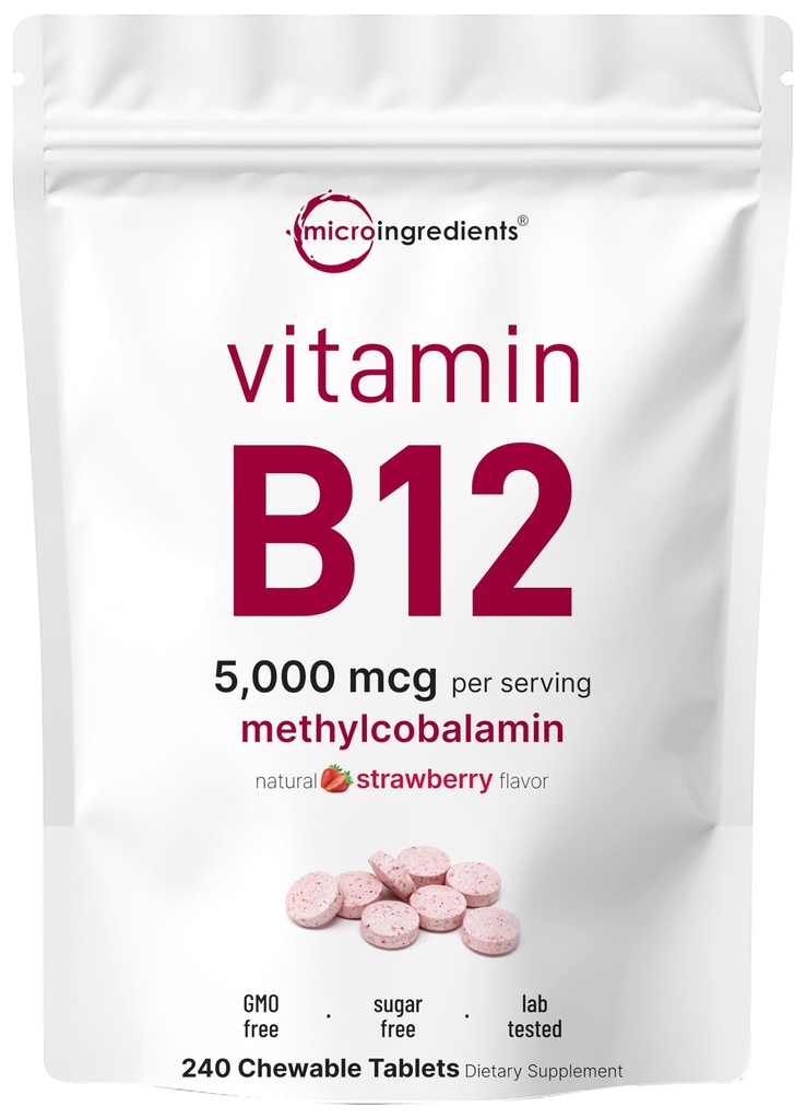 Micro ingredienti Vitamina B12 5000 mcg | Methylcobalamin – 240 compresse masticabili | Fast Dissolve, Natural Strawberry Flavor | Supports Energy & Metabolism Health | Vegan, Non OGM, Gluten Free