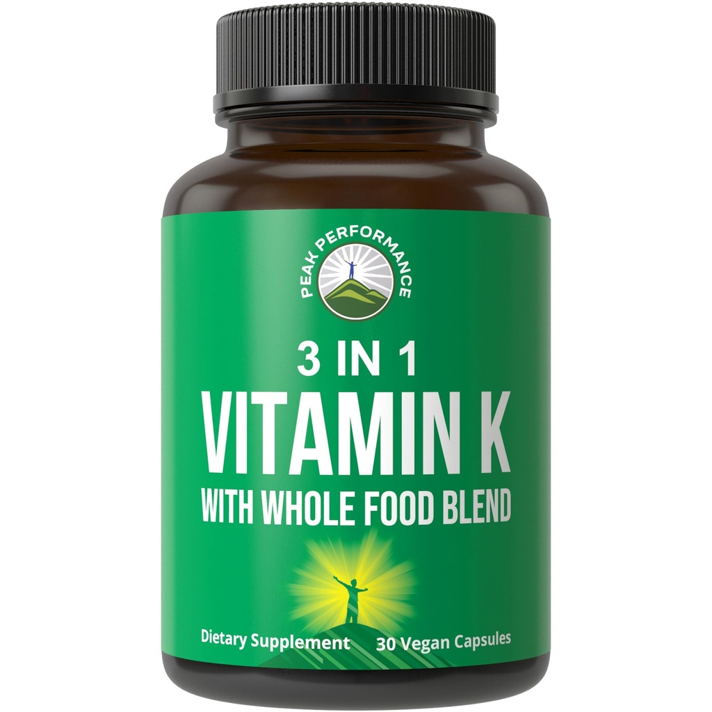 Vitamina K con tutta la miscela alimentare di 25+ verdure e frutta per l'assorbimento massimo. Integratore di capsule vegani. Vitamine K1, K-2 MK4 + K2 Natto MK7. Alternativa a Drops, Gummies. VIT K con K 2 e MK-7