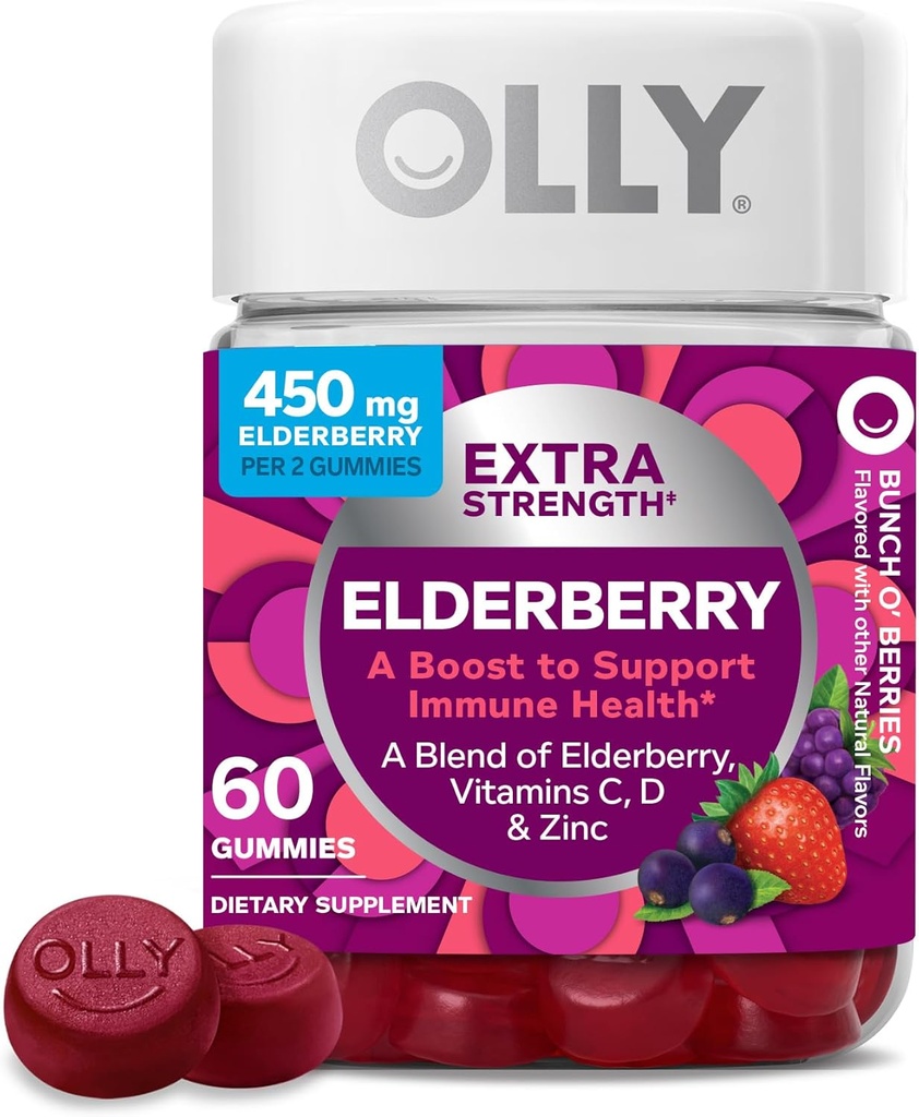 OLLY Extra Forza Gummies di sambuco, Supporto immunitario, 450 mg di sambuco, vitamina C, D e zinco, bacche - 60 Conte