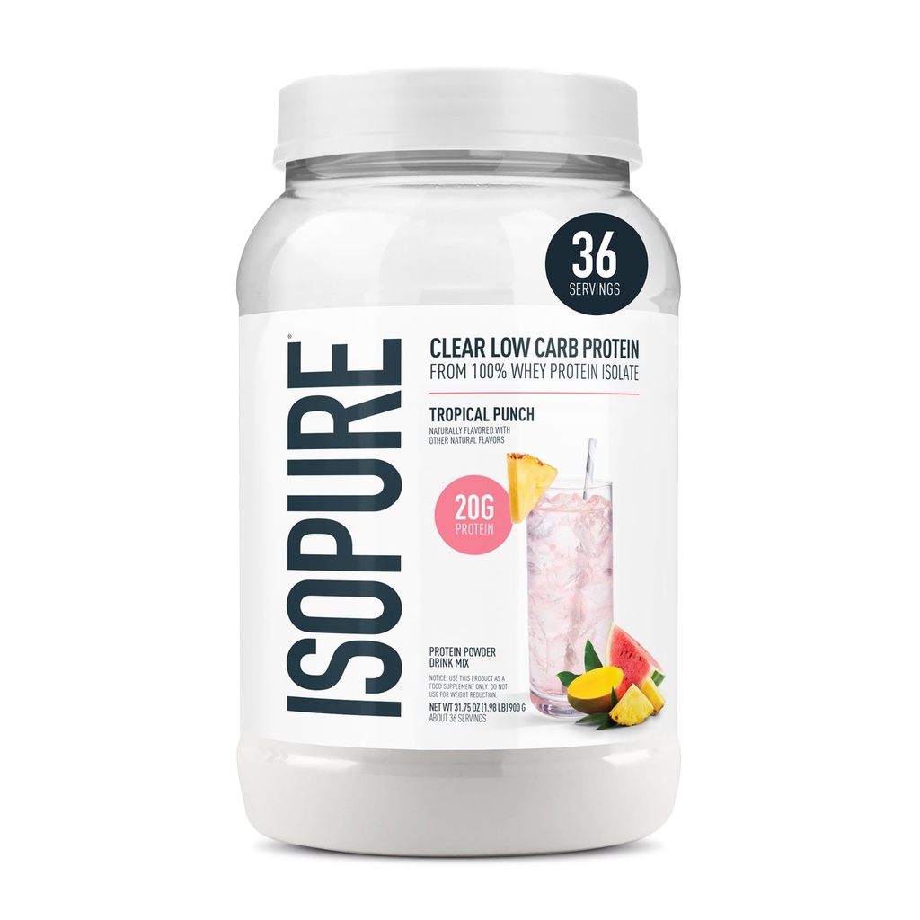 Polvere di proteina isolata del siero di Isopure trasparente, senza lattosio, senza glutine, aromatizzata naturale, punzona tropicale, 20g di proteine per porzione, 1,9 Lbs, 36 Servings (varia di maggio di imballaggio)