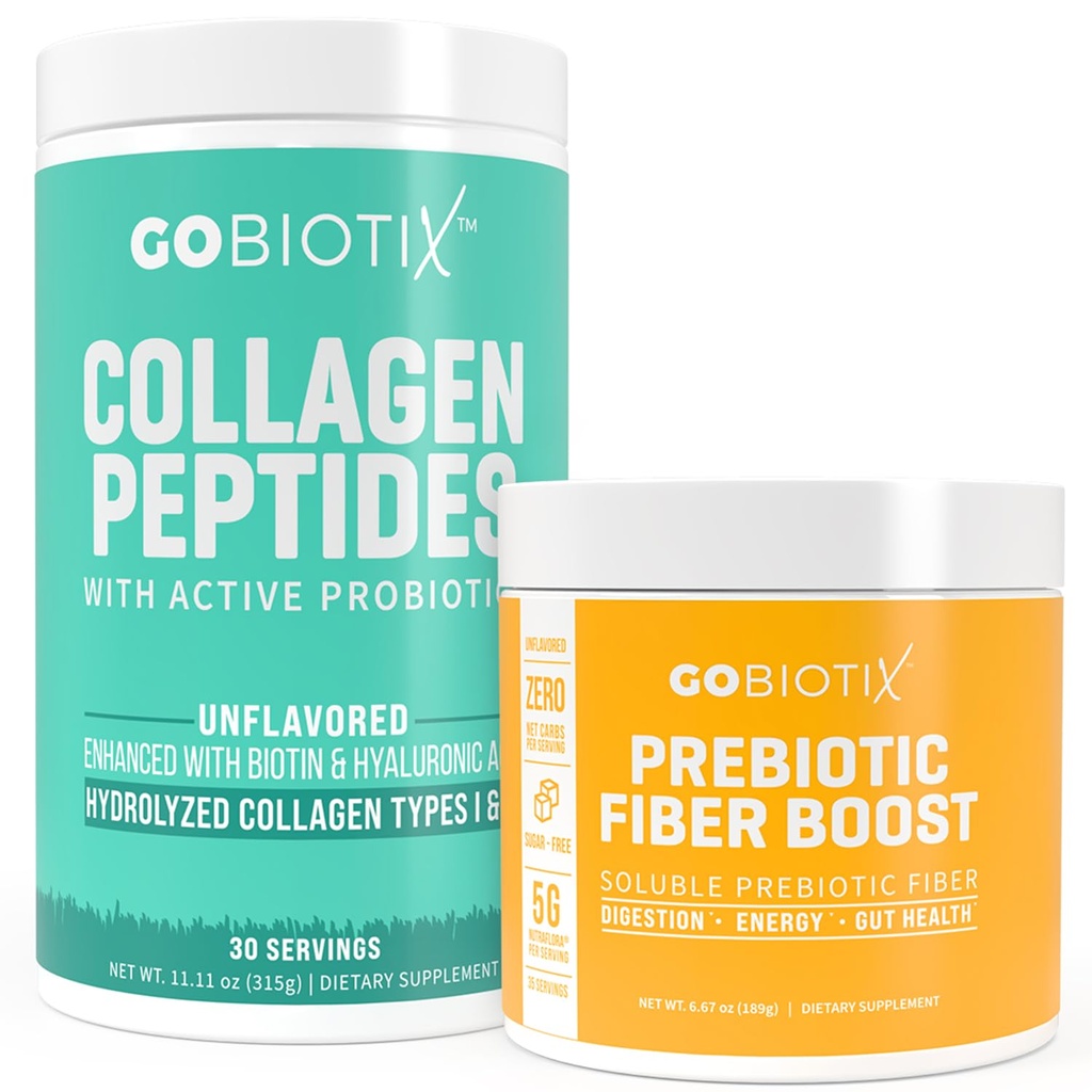 GOBIOTIX Fibra & Collagen Bundle: Capelli, Pelle, Supporto Gut - 30 Serve Collagene, 35 Serve Fibra