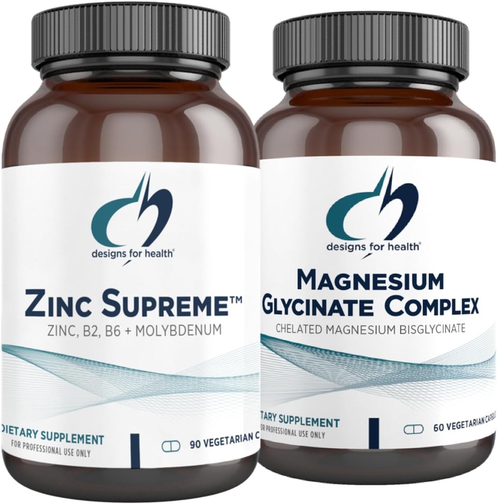 Design per salute Magnesio Glycinate Complex (60 capsule) & Zinc Supreme (90 capsule) - Magnesio ad alto assorbimento con Zinc Bisglycinate Chelate con Cofattori per Supporto Immune