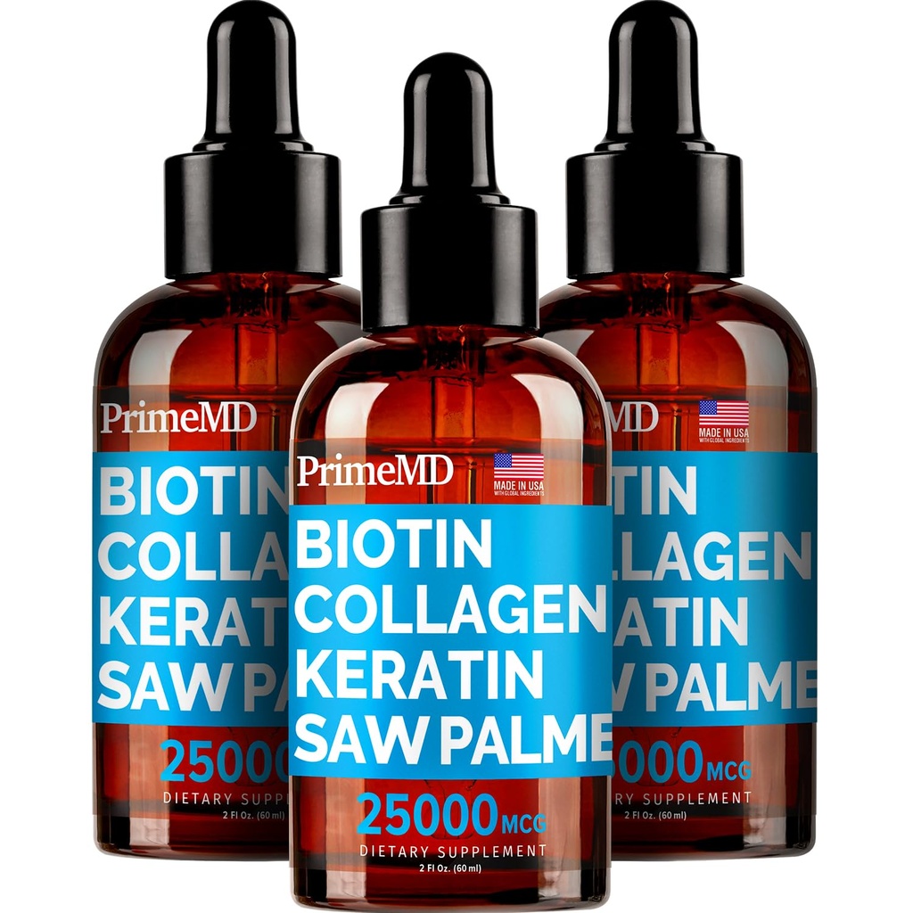 PrimeMD 4-in-1 Liquid Biotin Collagen Keratin Saw Palmetto Gocce (3 Pack) Bundle - 25000mcg Hair Nails and Skin Vitamins for Women & Men - 2 Fl Oz Ogni, Aroma di anguria, Senza glutine, Non OGM