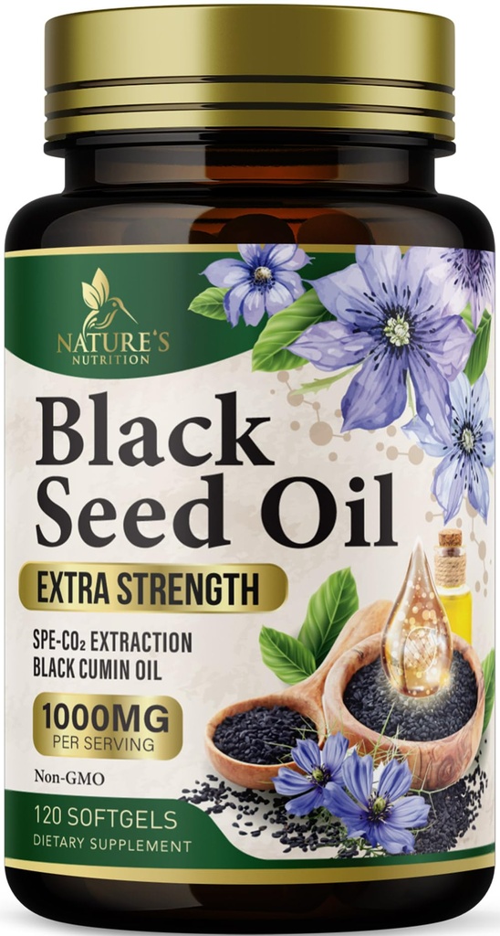 Olio di semi neri Softgels 1000mg - Premium Nigella Sativa Blackseed, Pure Natural Black Cumin Seed Oil & Antiossidante per pelle & supporto immunitario - Non OGM, Bottigliato in USA Supplement - 120 Softgels