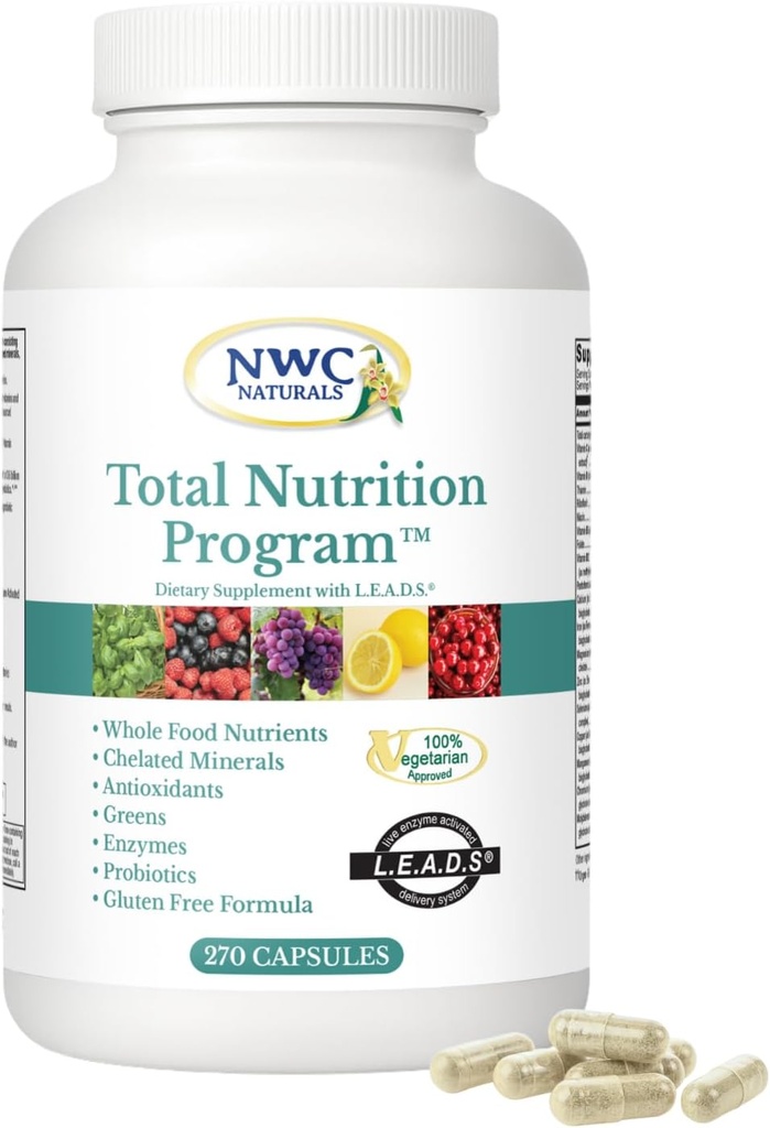 NWC Naturals Programma di Nutrizione Totale Multivitamina con Enzimi Plus Prebiotici e Probiotici Supplemento, Cura completa per gli uomini e le donne, Vegetariano Natural Whole Food Vitamins, 270 Capsule