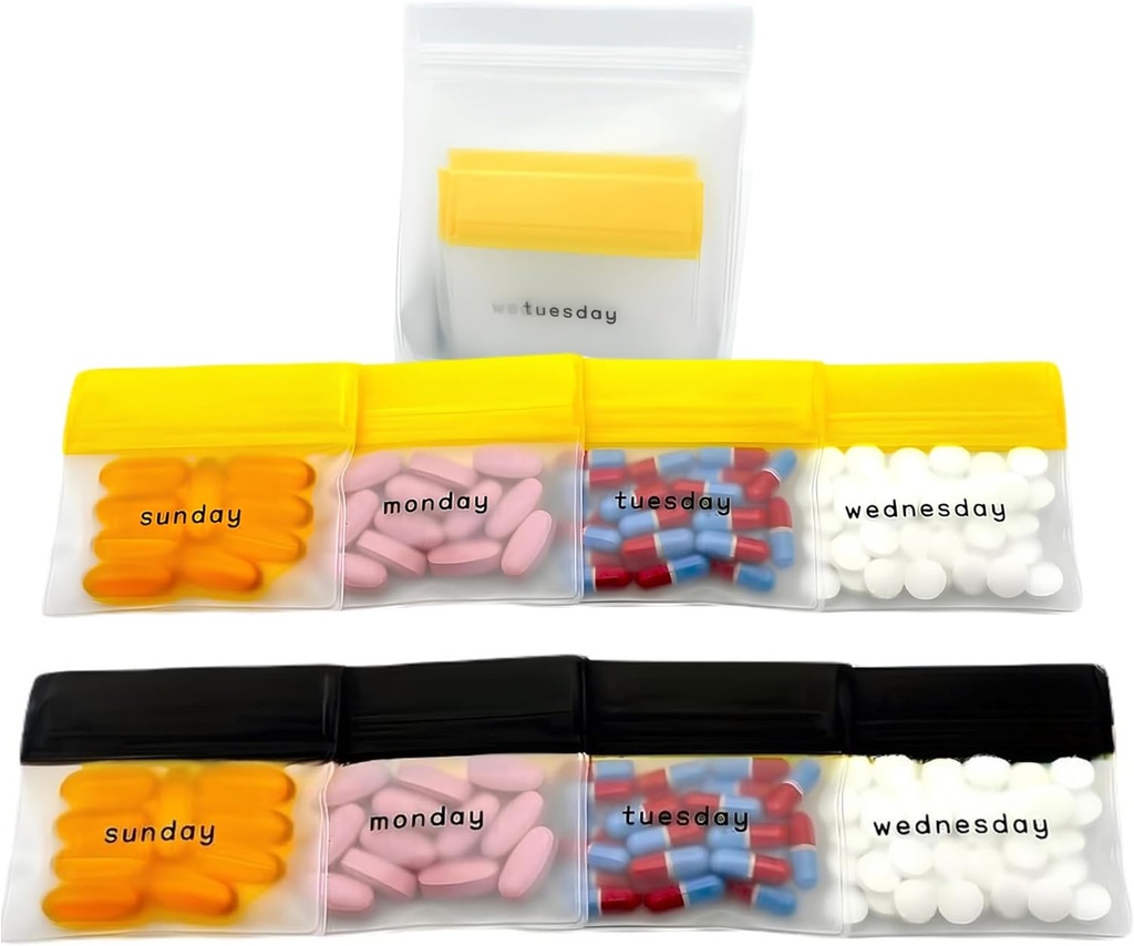 Borse per Pillole AM/PM per Viaggi 7-Giorni, Sacchetti per Pillole riutilizzabili con Giorni di Etichette settimanali, Grande Capacità per Vitamine e Integratori, Pillole, Multi-Purpose Medicine Organizer (con Pillola Cutter)