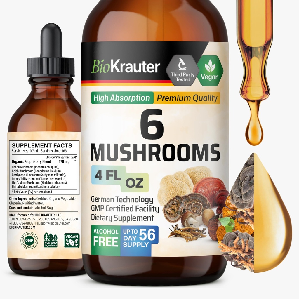 BIO KRAUTER 6 Funghi Supplemento 6-in-1 - Lions Mane, Shiitake,Turchia Tail, Cordyceps, Reishi & Chaga Liquid Extract - Mushroom Complex Tincture - Vegan Drops 4 Fl.Oz.