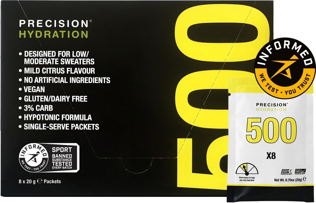 Miscela di bevanda di idratazione di precisione elettrolitica - tutte le polveri di elettrolito di Multi Forza naturali - Serve impermeabili individuali - Gluten/Dairy Free (500mg/L - Pacchetti gialli, Confezione da 8)