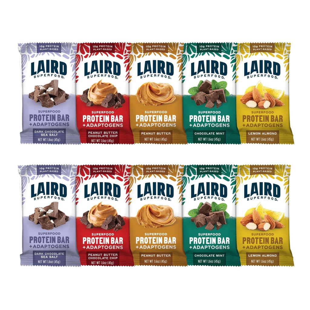 Barre di proteine funzionali di Laird Superfood – Barretta proteica ma migliore con ingredienti reali, Funzionali funghi 10g proteine pianta-basate, 6g fibra - Non-OGM - 5 Flavor Variety Pack, 10 conte (Pack of 1)
