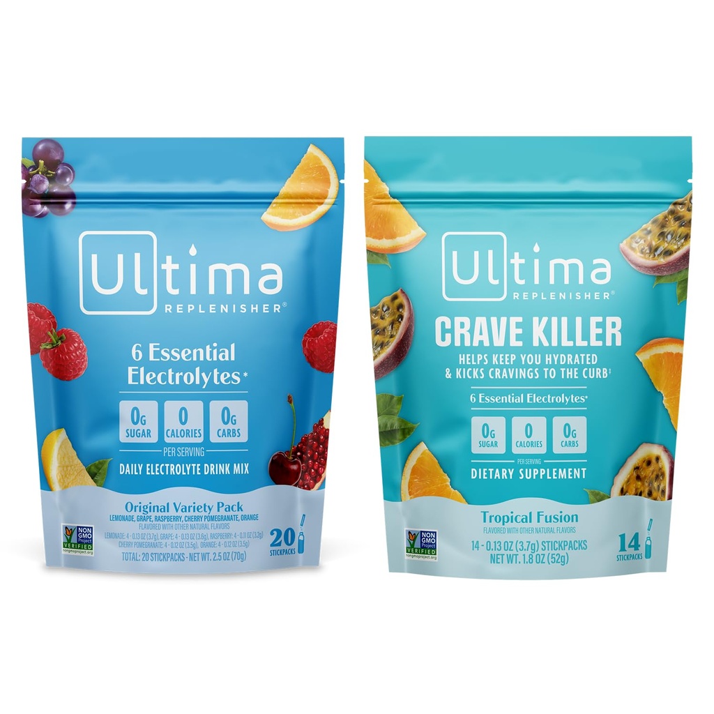 Ultima Replenisher Electrolyte Powder Drink Mix Bundle – Sugar Free – Varietà, Crave Killer – 20 Stickpacks, 14 Stickpacks – 6 elettroliti e minerali – Keto Friendly, Vegan, Non OGM