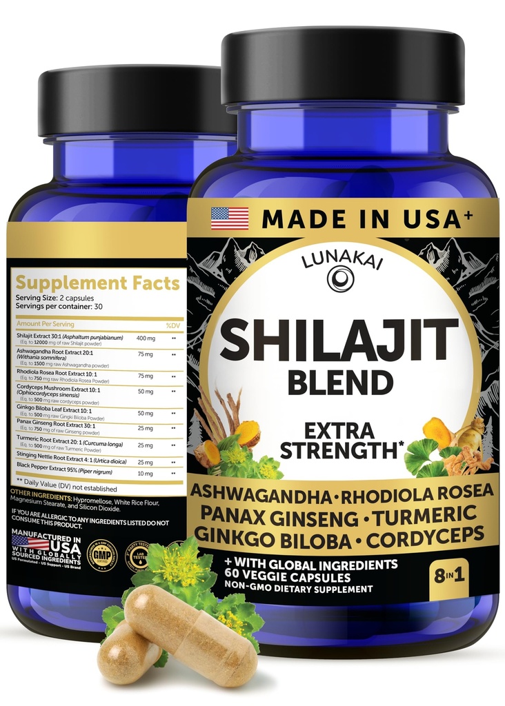 Lunakai USA Made Pure Shilajit Capsule con Ashwagandha, Rhodiola & Cordyceps - Estratto di Shilajit ad alta resistenza per uomini e donne, 60ct
