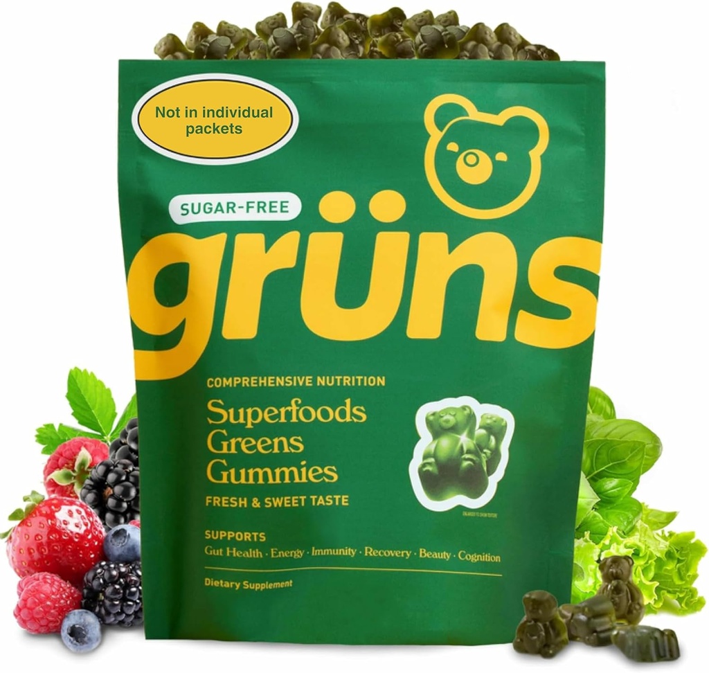 Gruns adulti Zucchero-Free Super Verdi Gummies - Superfood Gummy Bears con Spirulina, clorella, fibre e prebiotici per la salute digestiva, supplemento di adaptogen con 20 vitamine e minerali, 2 settimane di alimentazione
