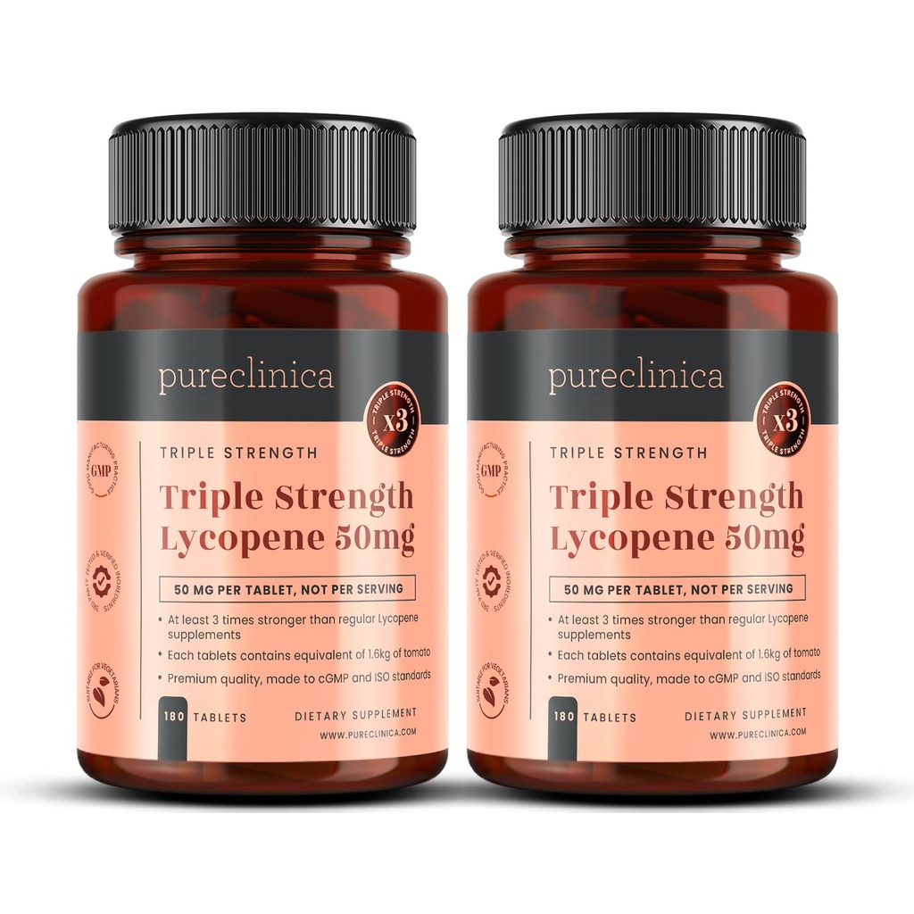 Pureclinica Lycopene Supplemento 50mg – Antiossidante dell'estratto di pomodoro ad alta resistenza – 360 compresse (1 anno di alimentazione) – Salute della prostata, Cuore, Eye & Skin Support – OGM Free
