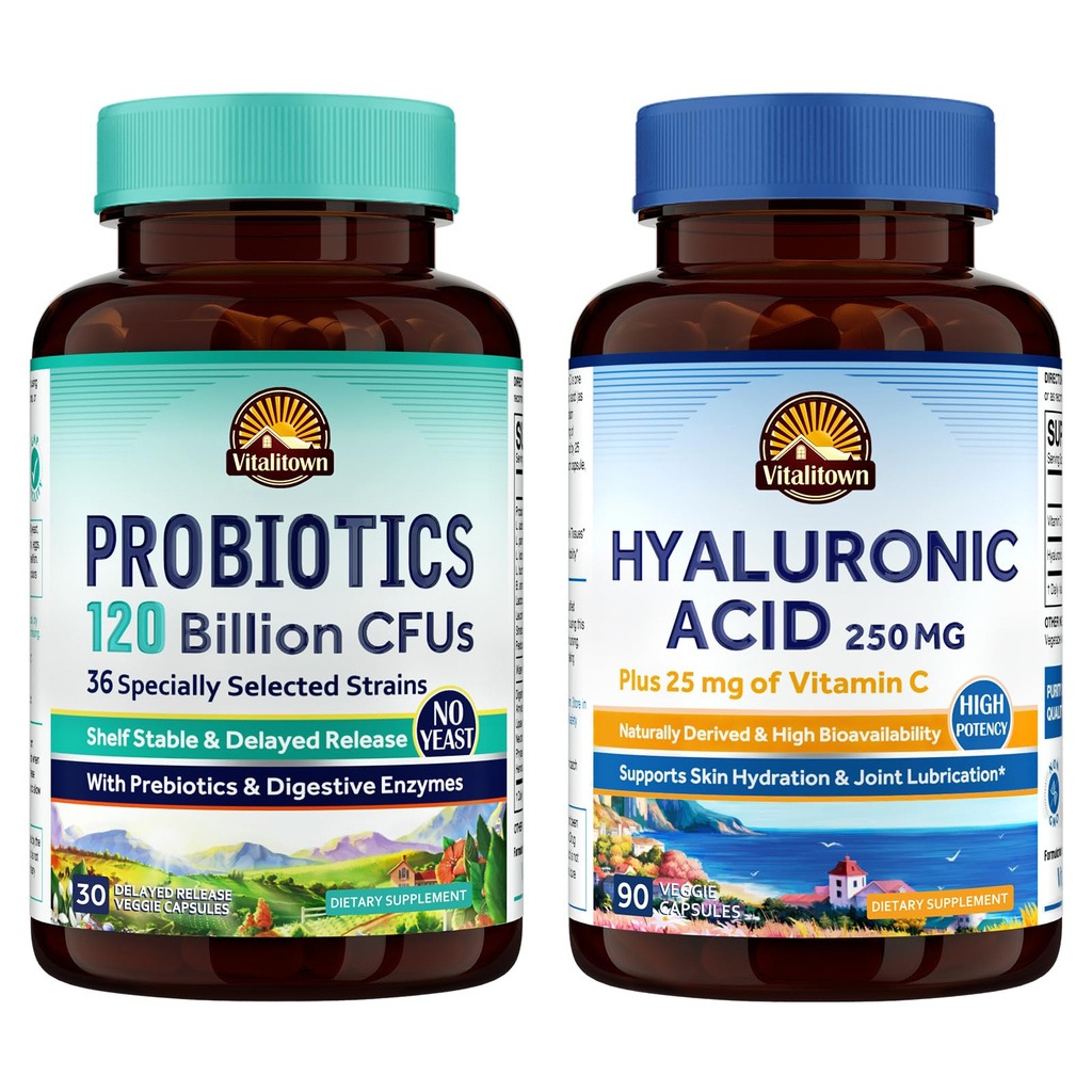 Vitalitown Gut-Skin Bundle (Pack of 2) | Probiotics 120 miliardi di CFU (Item 1) & Acido ialuronico (Item 2) | 30 + 90 capsule