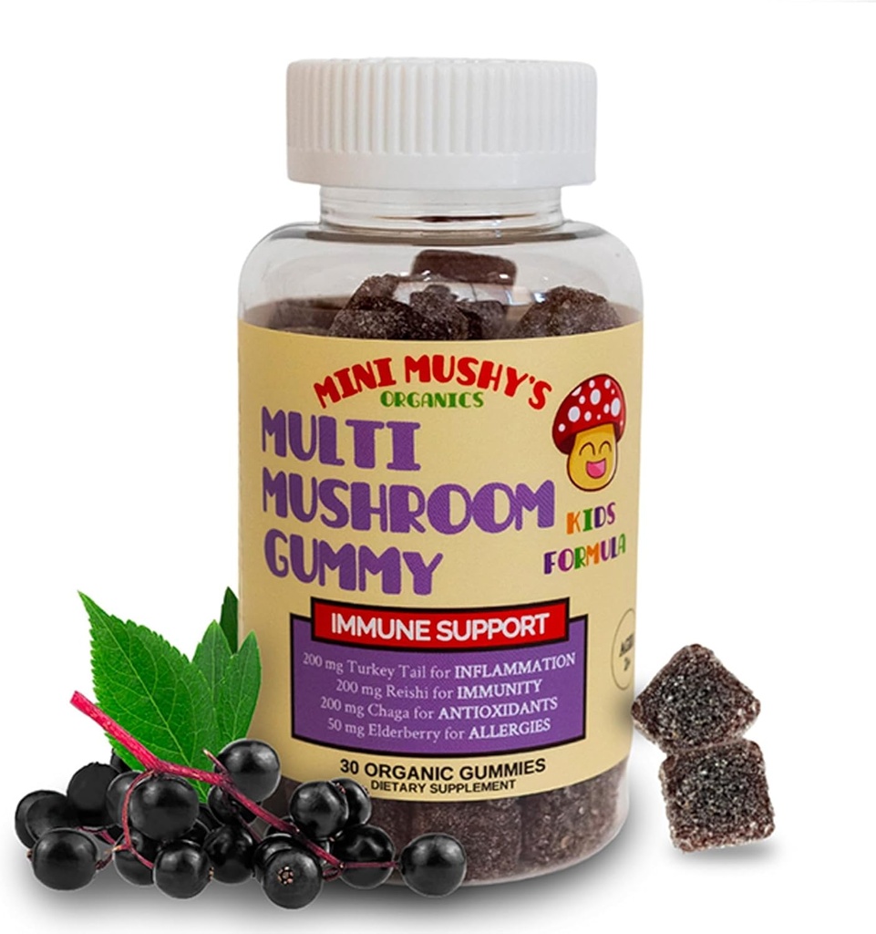 Mini Mushy's Organic Immune Support Daily Gummies | Tail Turkey, Reishi, Chaga Mushrooms, Elderberry | for Kids Ages 2+ Natural Color, Allergy Friendly, Low Sugar | Strawberry Flavor - 30 Count