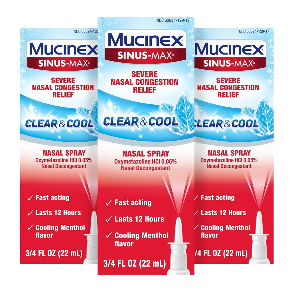 Mucinex Sinus-Max Decongestant spray nasale, 12 ore Over-the-Counter farmaci spray per il sollievo del seno, decongestori nasali per adulti, mentolo di raffreddamento, 0.75 Fl Oz (Pack of 3)