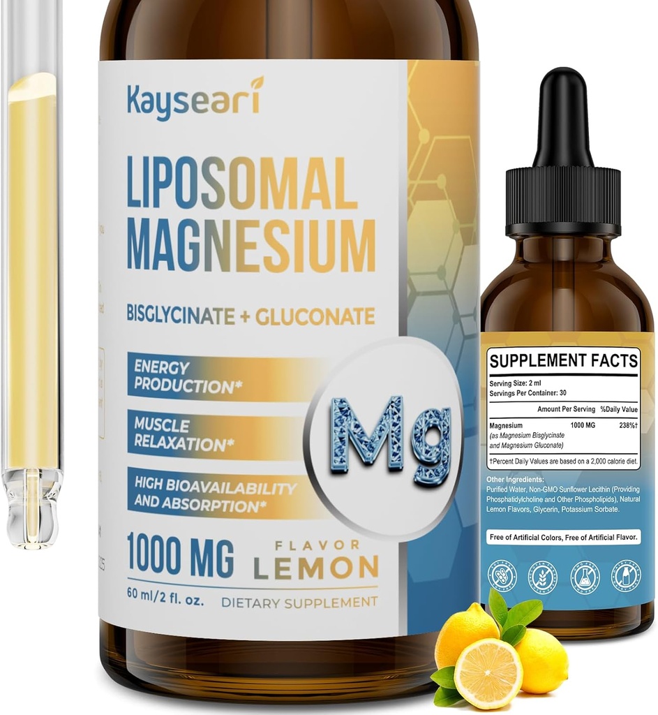 Gocce di Magnesio Liposomico ad alta resistenza, forme di Chelato facilmente assorbite di Magnesio Bisglicinato e Magnesio Gluconato, gocce liquide aromatizzate al limone 60ML