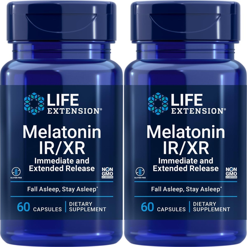 Melatonina IR/XR, 1,5 mg, formula di rilascio immediato ed esteso per il supporto ottimale del sonno, Ritmi circadiani sani, difesa cellulare, senza glutine, non OGM, 2 capsule X 60