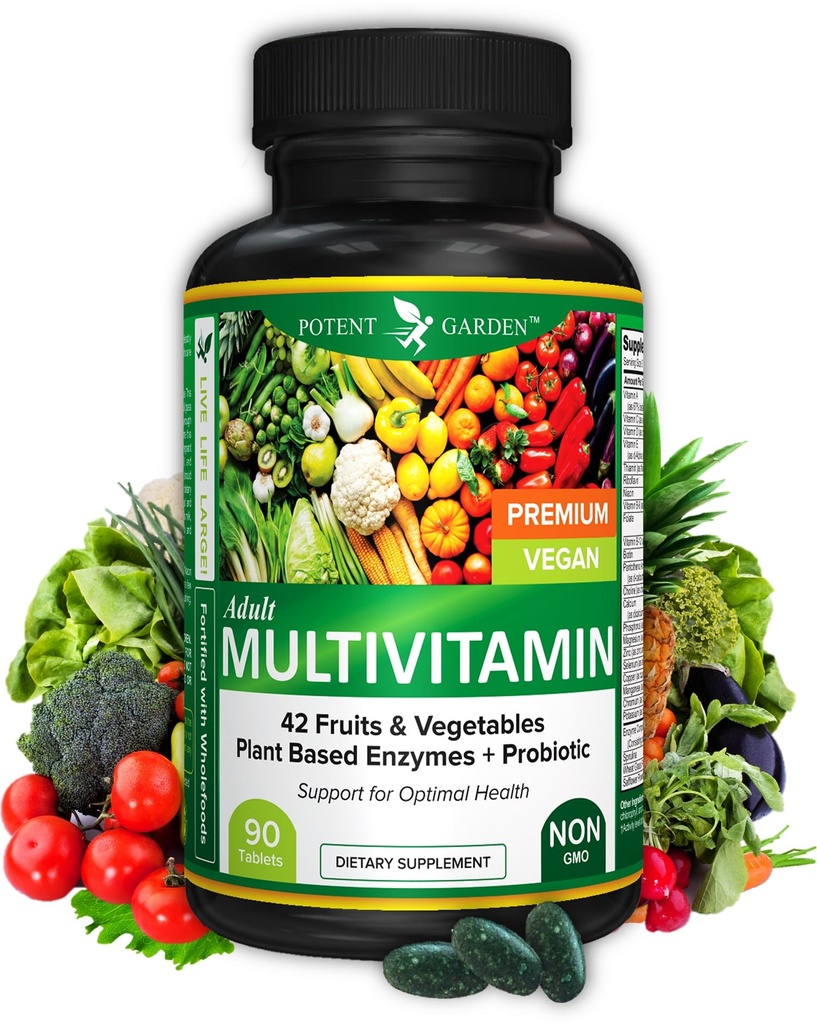 Potente Giardino Adulto Multivitaminico per Donne & Uomini, 42 Frutta & Verdura Plus Probiotici, Supporta Metabolismo Energetico & Sistema Immune, Multivitaminico Giornaliero per Uomini & Donne Non OGM, 90 Tab, 30 Serve