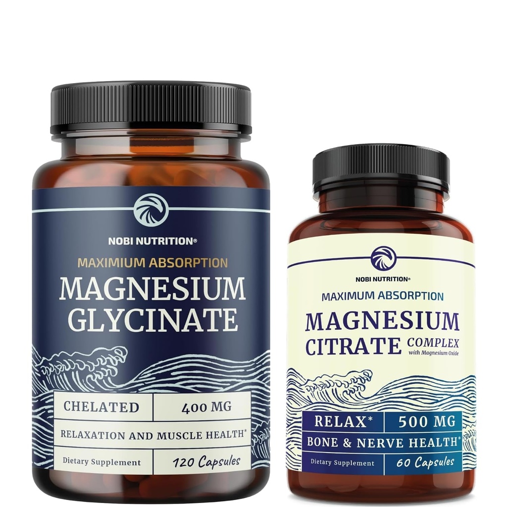 Magnesio Glycinate 400mg (120ct) & Magnesio Citrato 500 MG (60ct) | Alto assorbimento, Calma, Rilassamento, Digestione e supporto muscolare | Vitamina non OGM e Bundle minerale
