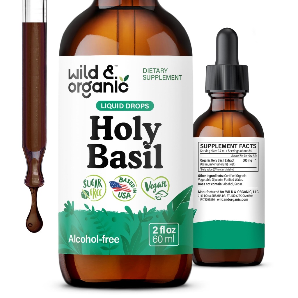 Wild & Organic Holy Basil Leaf Tincture - Relax, Calma, Mood Support - Tulsi Holy Basil Supplement - Vegan, Sugar & Alcohol-Free Herb Extract Drops - 2 fl oz