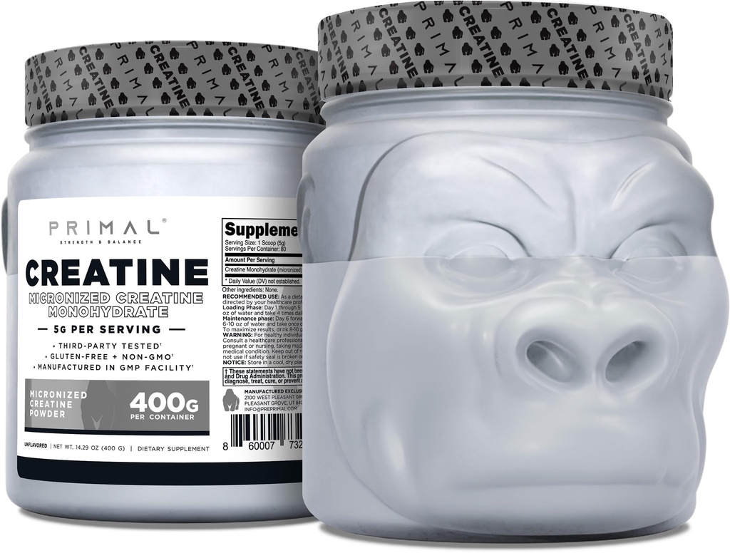 Polvere di monoidrato di creatina primaria (400 Grammi) | Supplemento di sviluppo del muscolo di creatina non aromatizzato per pre-allenamento e recupero | 5g Monoidrato di creatina per porzione