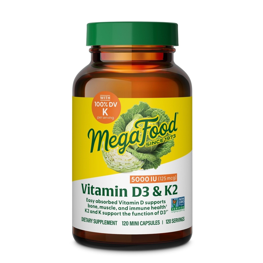 MegaFood Vitamina D3 5000 IU (125 mcg) - Integratori Vegetariani con Vitamina D3 K2 - Supporta Bones, Denti, Muscoli e Salute Immune - Certificato Non-GMO - 120 Mini Capsule, 120 Serve