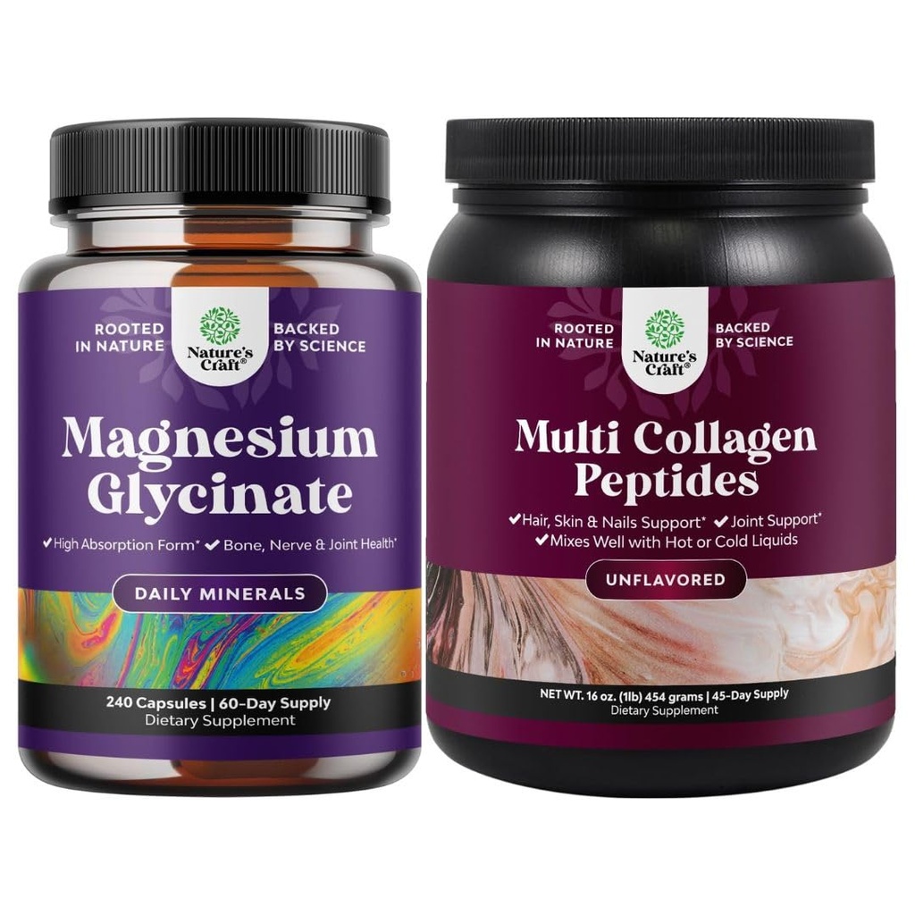 Bundle di alto assorbimento Magnesio Glycinate Capsule per il sonno calmante Plus Muscle Bone & Nerve Supporto e Multi Collagen Protein Powder per le donne e gli uomini - Hair Skin and Nails Vitamins