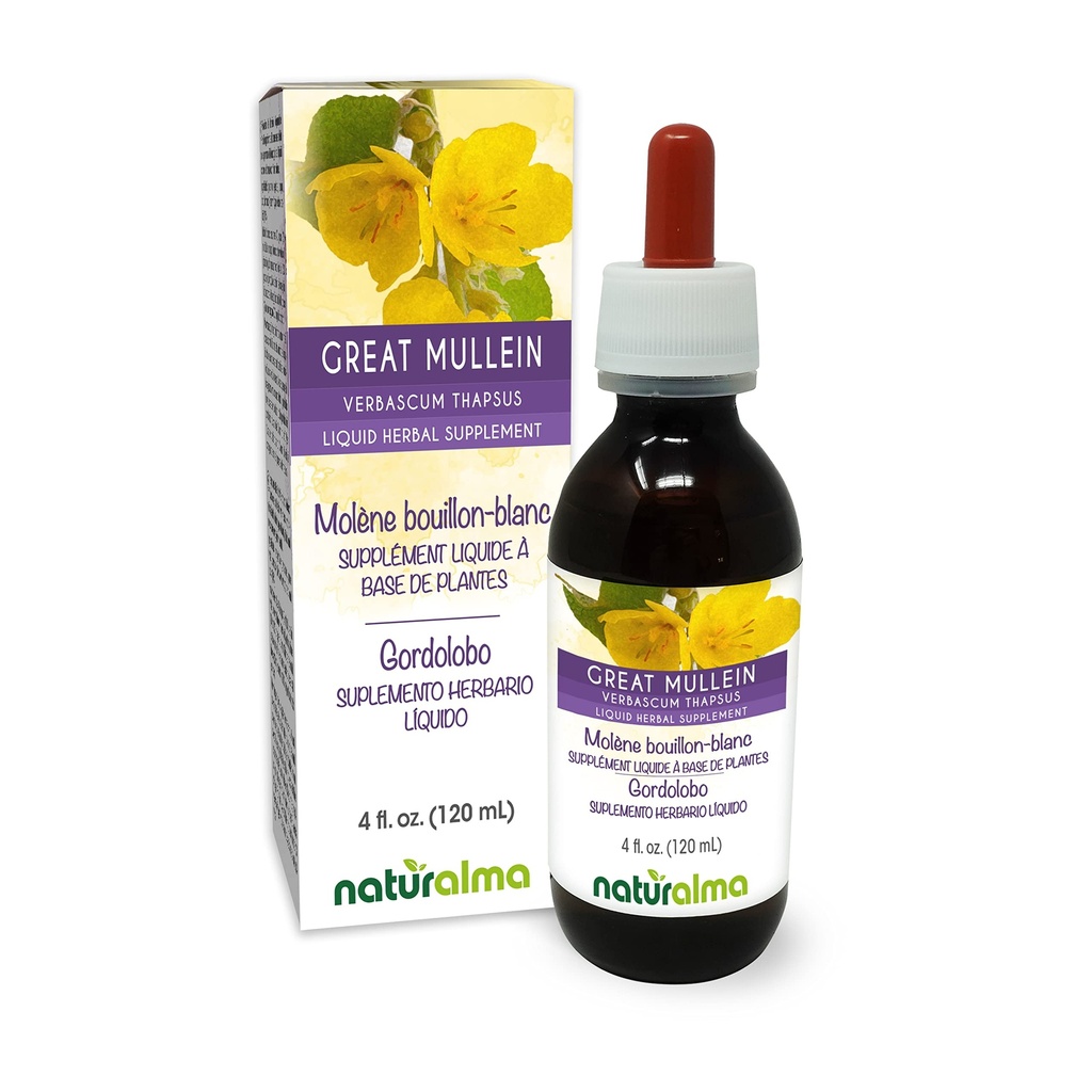 Naturalma Grande Mullein o Mullein comune (Verbascum thapsus) Fiore e Foglia Alcohol-Free Tintura - 4 fl oz Estratto liquido in gocce - Supplemento erbe - Vegan