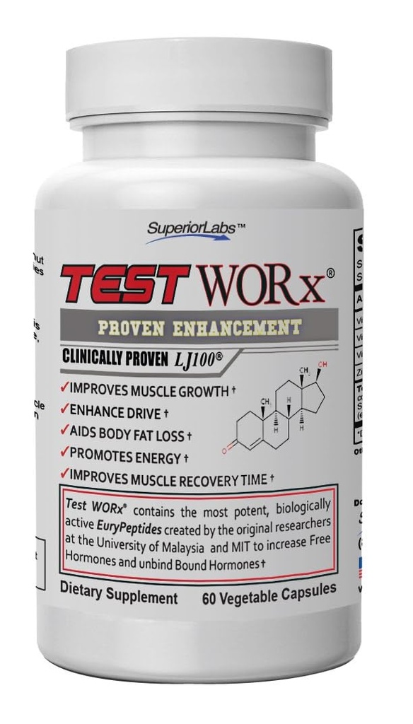 Superior Labs Test Worx Natural Testosterone Booster supplemento con clinicamente provato LJ100 e 8 altri ingredienti potenti - notevole aumento di energia, Stamina, Recupero, Sonno e Mood