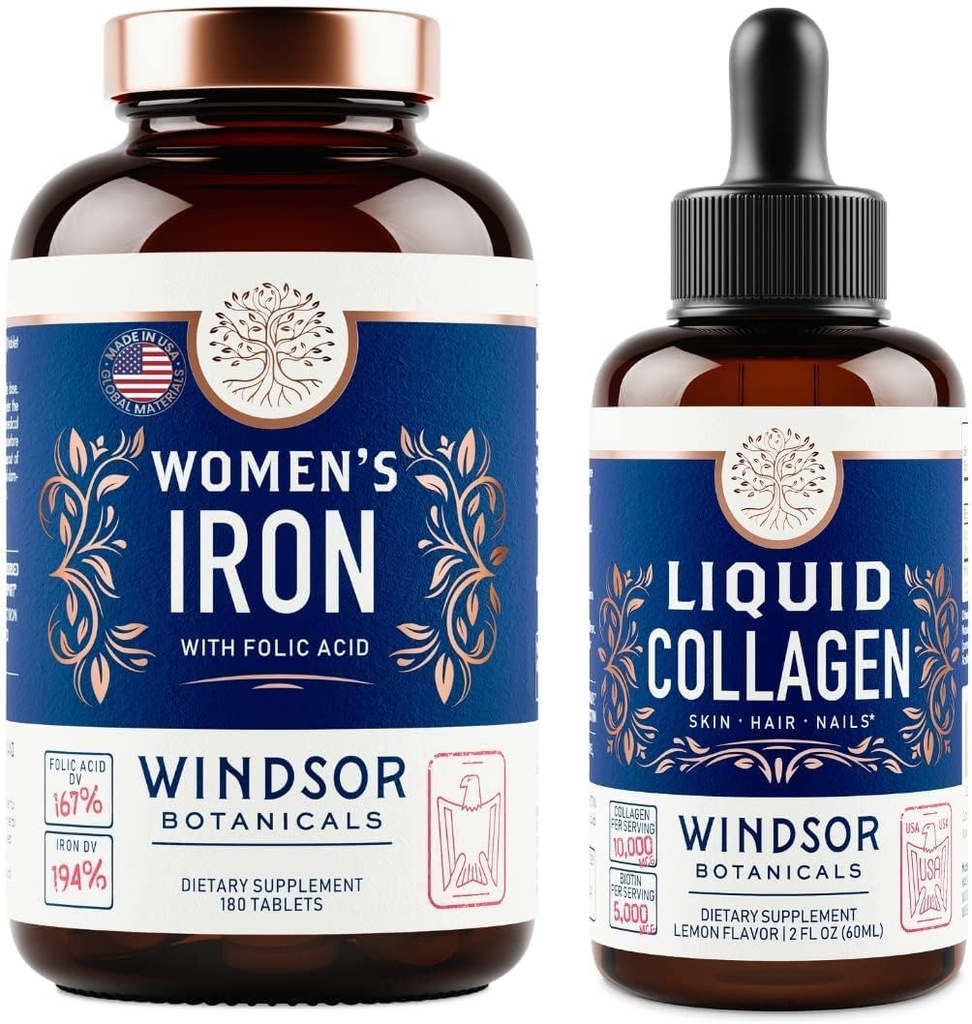 WINDSOR BOTANICALS Collagen liquido e ferro per le donne Beaty e benessere Bundle