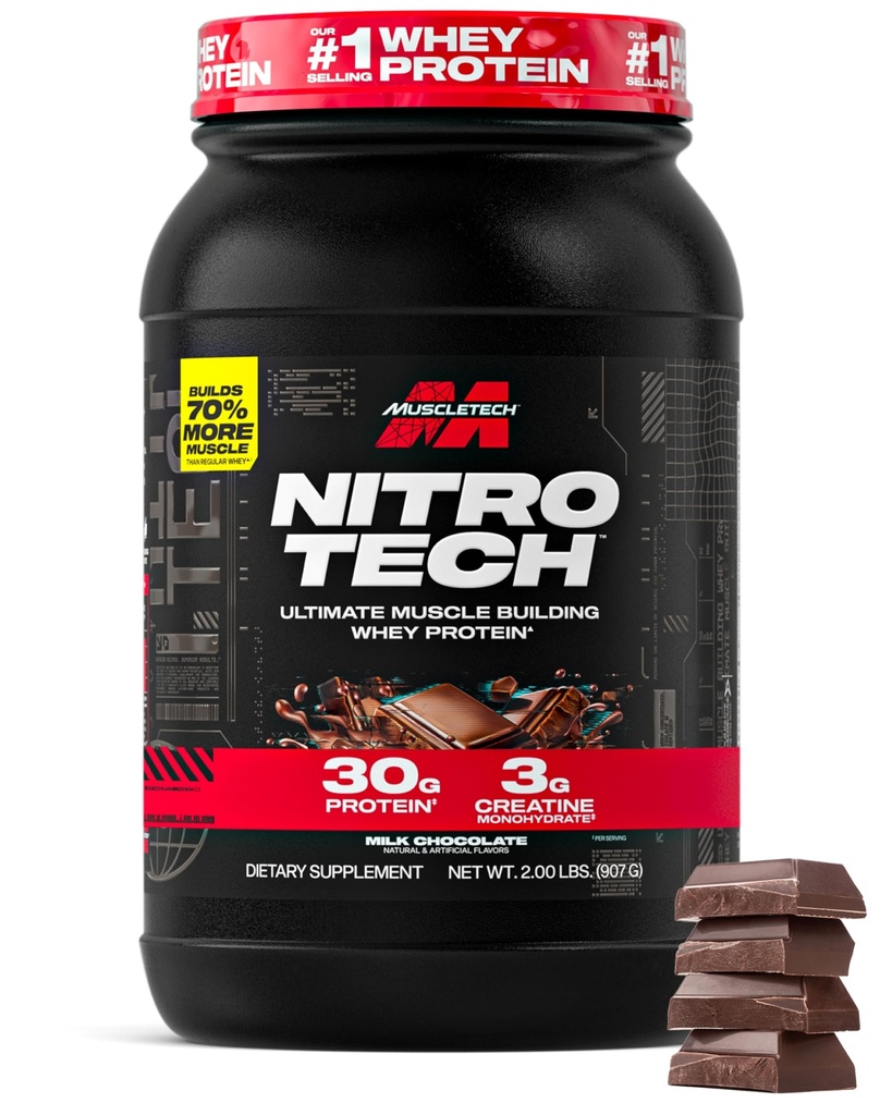 Muscletech Whey Protein Powder (Milk Chocolate, 2 Pound) - Nitro-Tech Ultimate Muscle Building Formula con Whey Protein Isolate - 30g di Protein, 3g di Creatine & 6.8g di BCAA - Packaging May Vary